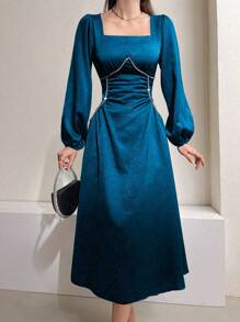 Modelyn Jewel Neck A-Line Dress With Lantern Sleeve And Rhinestone Decorated Waist Maxi Women Outfit - Teal Blue - View 3
