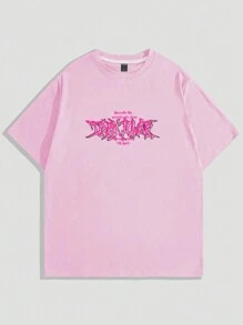 ROMWE MEN Grunge Punk Spring/Summer Casual Graphic Pink Men'S Slogan & Wing Print Short Sleeve T-Shirt, School - Pink - View 2
