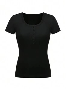 INAWLY 女款純色半排扣修身短袖t恤 - 黑色 - 查看 3