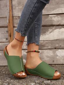 Mùa Xuân Nữ Mới Xuất Hiện Peep Toe Đế Nêm Con La Với Thiết Kế Slip-On Và Đế Dày, thời Trang Và Thoải Mái - màu xanh lá - Xem 2