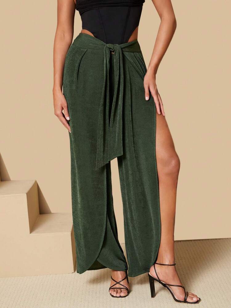 Solid Color Front Tie High Slit Wide Leg Pants