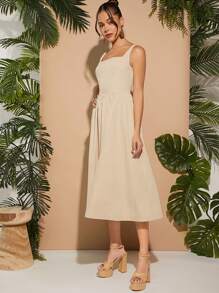 L'Amorae 方领无袖纯色优雅中长连衣裙 - 杏色 - 查看 5