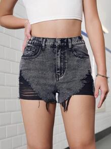 SHEIN Teen Girl Y2k Black Fashionable Cut-Off Denim Shorts, Casual And Versatile, Washed Look,Spring Summer Boho Jeans Shorts - Light Wash - View 1