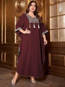 Al Najma Burgundy Red Plus Size Batwing Sleeve Dress With Fringed Decoration And Woven Belt