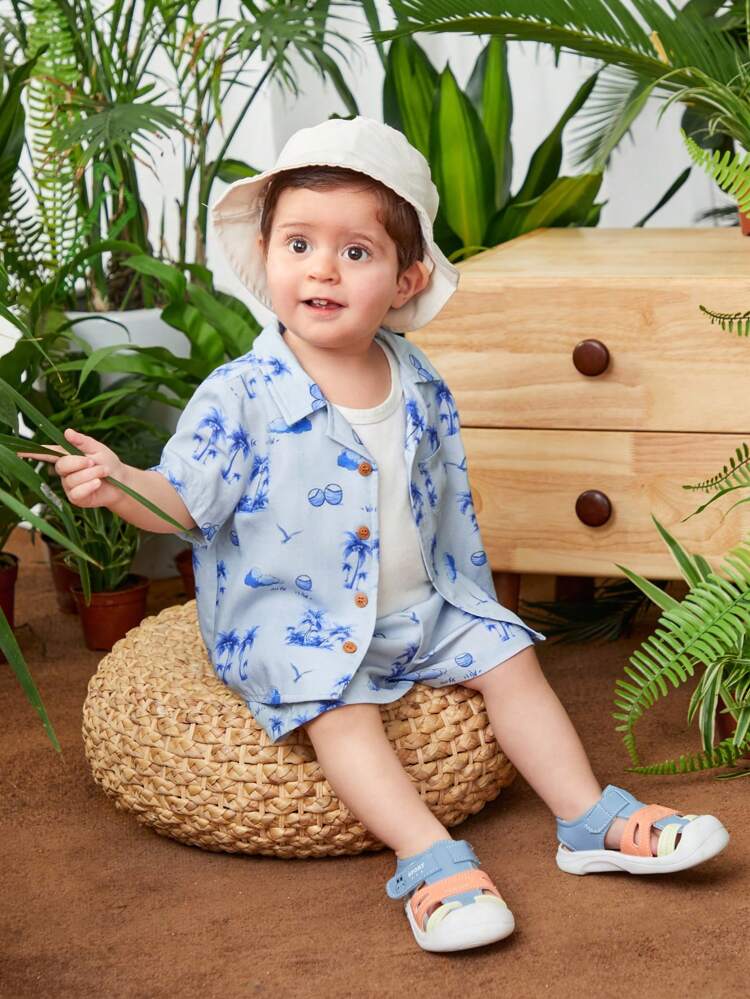 Baby Boy's Casual Coconut Tree Pattern Short Sleeve Shirt With Elastic Waistband Shorts, Summer Holiday Outfit