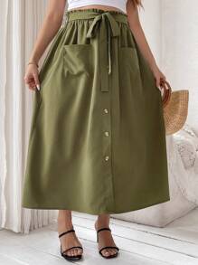 Flirla Kích thước lớn Màu thuần Thắt lưng túi giấy Váy chữ A Với Mặt trước Nút Khép kín - xanh quân đội - Xem 6