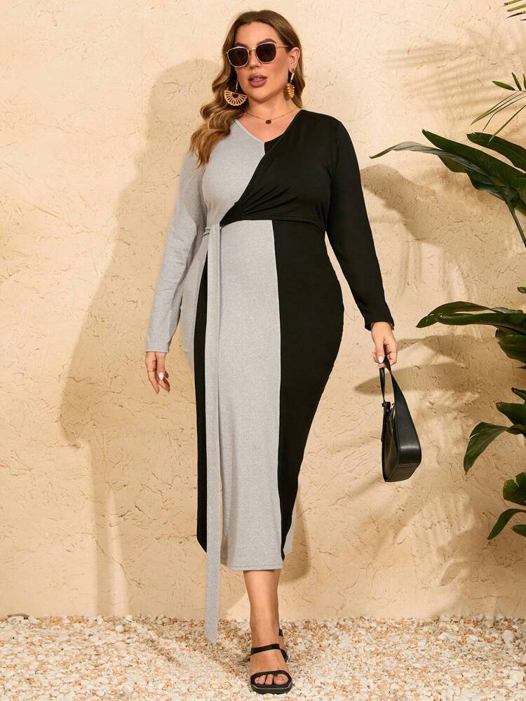 Plus Size Fashionable Color Block Wrap Dress With Knot Detail