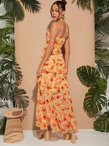 L'Amorae Floral Dot Tiered Ruffle Split Dress - Apricot - View 2