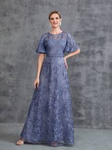 女式短款喇叭袖亮片派对礼服优雅新娘母亲礼服