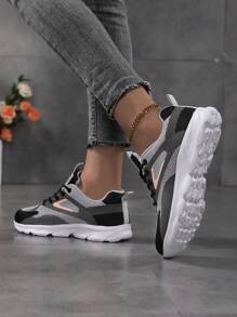 女士透气飞行编织厚底运动鞋，休闲系带户外鞋，舒适低帮跑步鞋加大码