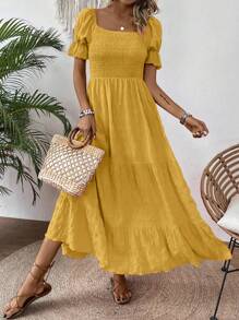 SHEIN Clasi Women's Square Neck Bubble Sleeve Shirred Bodice Solid Texture Dress Maxi Women Outfit