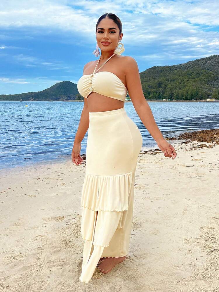 Apricot Summer Vacation Two-Piece Set Shorter At The Top And Longer At The Bottom Shell Decoration