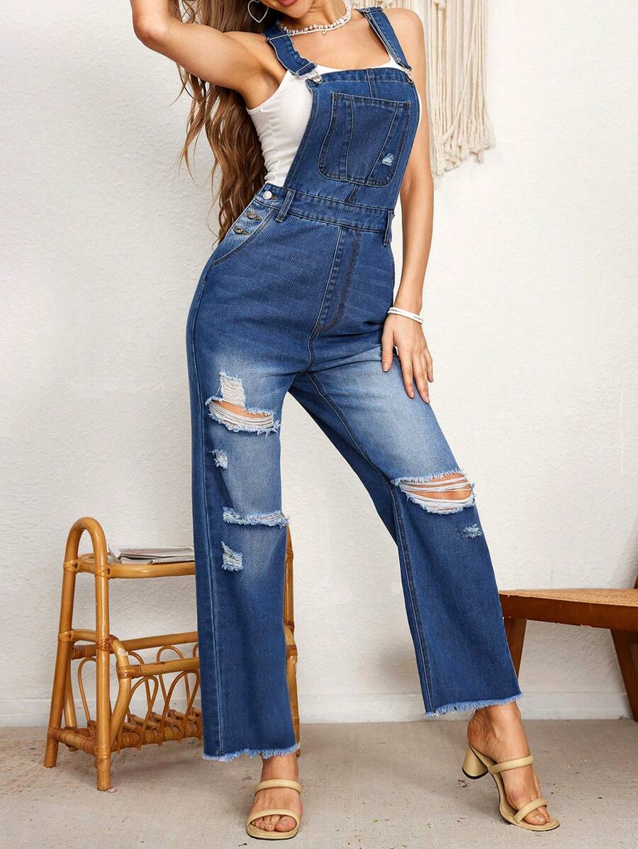 Breezaya Ripped Raw Hem Denim Overalls - Light Wash - View 1