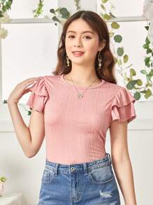 SHEIN Leap Crew 少女編織提花紋理雙層荷葉邊短袖休閒t恤 - 粉色 - 查看 3