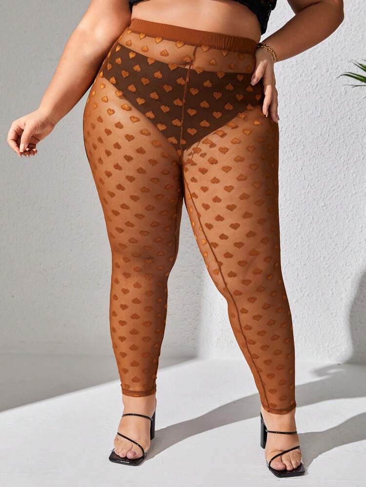 Plus Size Heart Pattern Sheer Mesh Leggings