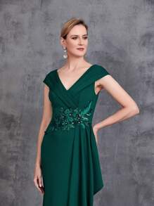 Women' Floral Applique Cap Sleeves Formal Dress - Dark Green - View 6