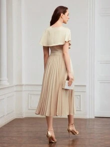 MOTF PREMIUM TWO TONE SURPLICE NECK BATWING SLEEVE PLEATED HEM DRESS,HOLIDAY PARTY BIRTHDAY FORMAL EVENING OCCASSION - Khaki - View 7