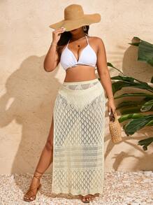 SHEIN Swim Curve Falda cubre-todo con abertura alta talla grande para verano - Albaricoque - Ver 5
