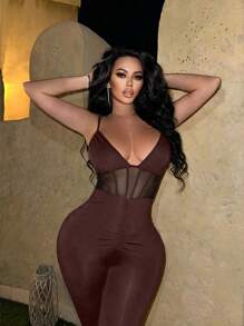 SHEIN SXY Enterizo/mono con tirantes y detalles de malla transparente para mujer - Marrón - Ver 3