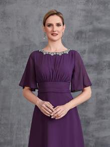 Women's Rhinestone Detail Short Sleeve Chiffon Party Dress - Purple - View 4
