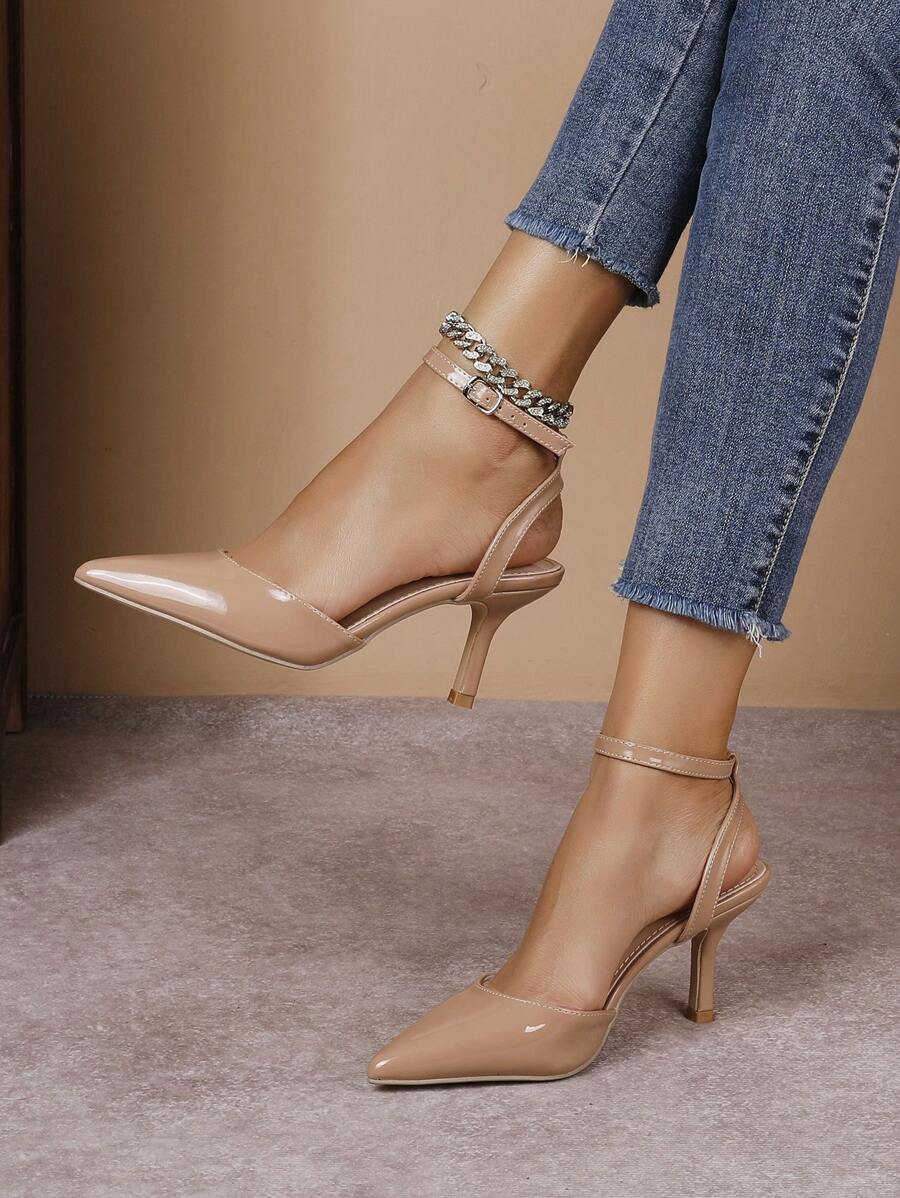 纯色优雅尖头细高跟女鞋，时尚露背高跟凉鞋