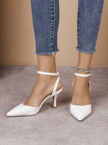 优雅纯色尖头高跟凉鞋，时尚百搭的夏季女鞋，优雅，女士浅口鞋，优雅，猫跟，婚礼服饰 - 白色 - 查看 3