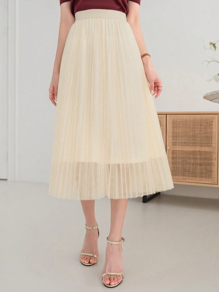 Dazy X KIMYOUJUNG Solid Color Pleated Mesh Midi Skirt