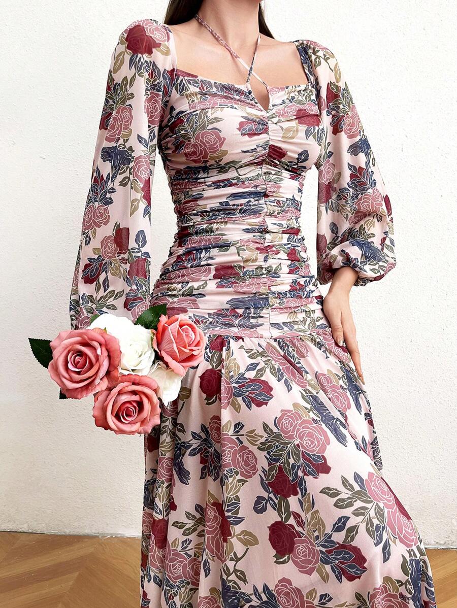 Modelyn 女士花卉印花褶皱灯笼袖连衣裙复古连衣裙长款晚礼服 - 粉色 - 查看 1