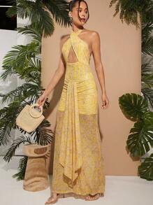 L'Amorae Halter Corset Draped Print Dress