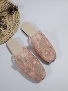 Fall/Winter Women's Flat Slippers Outside Square Toe Slip-Ons Summer Half Slippers New Embroidered Low-Heel Slides,Mule - Pink - View 4