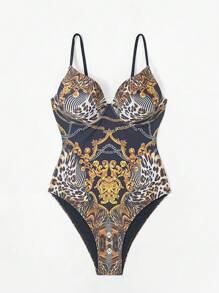 SHEIN Swim Summer Women's One Piece Swimsuit With Steel Wire And Printed Splicing Design
