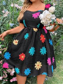 Flirla Plus Size Women's Floral Printed Short Bubble Sleeve Dress - Multicolor - View 7