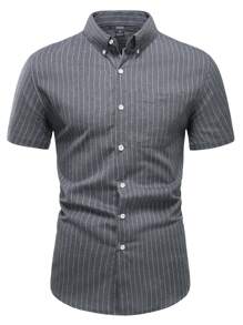 Manfinity Mode 男士豎條紋羈扣襯衫 - 灰色 - 查看 3