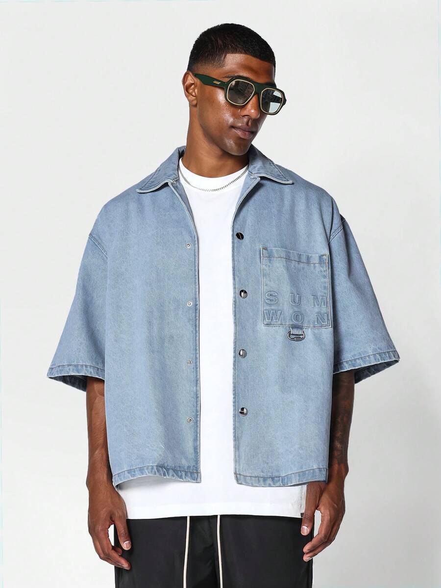 SUMWON Boxy Fit Revere Collar Denim Shirt - Light Wash - View 1