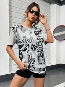SHEIN EZwear Grey Round Neck Printed T-Shirt - Light Grey - View 5