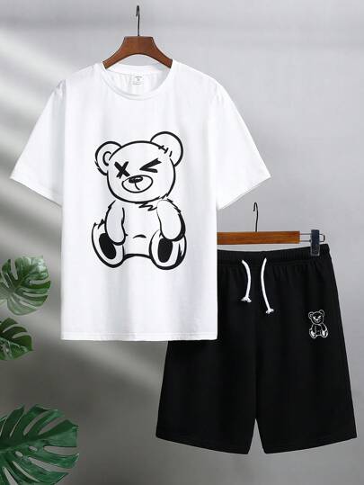 SHEIN Teen Boy Casual Bear Printed Round Neck Short Sleeve T-Shirt And Shorts Knit 2pcs Set