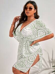 SHEIN Clasi Plus Size Women's Tie-Dye Waist-Cinched Cover Up Dress, Short Sleeve Cruise Outfit Beach Outfit Vacay Vibe Summer - Olive Green - View 3