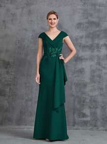 Women' Floral Applique Cap Sleeves Formal Dress - Dark Green - View 3