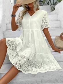 Breezaya Women's Burnout Flower Embroidery Ruffle Hem Doll Dress Vacation Beach Outfit