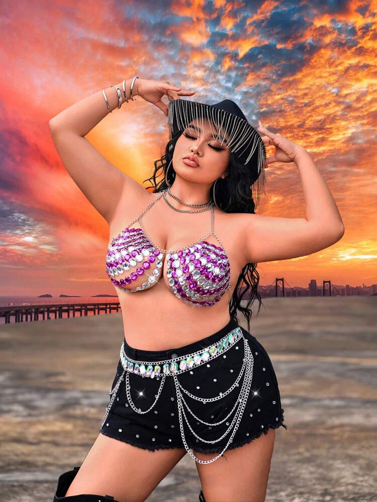 Plus Size Spring Summer Rave Party Music Festival Country Concert Diamond Chain Neck Halter Top