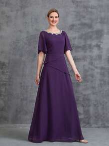 Women's Rhinestone Detail Short Flared Sleeve Sleeve Chiffon Party Dress - Purple - View 3