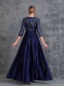 Women Embroidered Bodice Contrast Satin Hem Formal Dress Elegant Mother Of The Bride Dress - Navy Blue - View 2