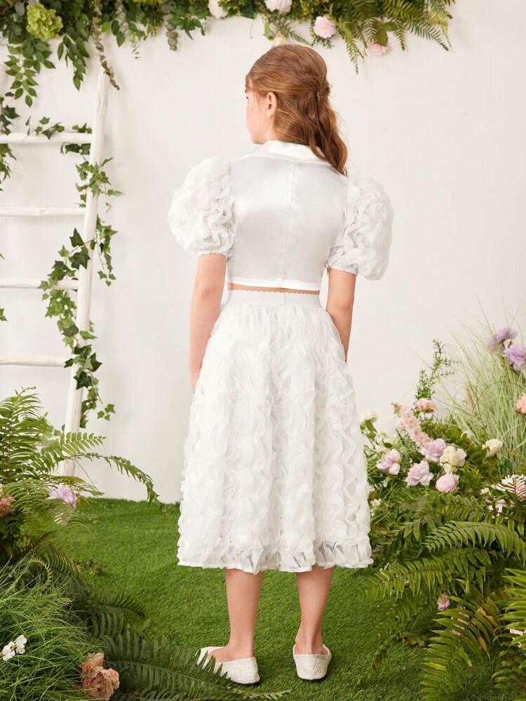 Tween Girl Pearl Button Shirt With Puff Sleeve And Tulle Skirt Two Pieces Set, Spring/Summer