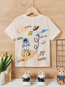 SHEIN Young Boys' Cute Comfortable Astronaut Pattern Print Short Sleeve T-Shirt That Goes With Everything - Apricot - View 1