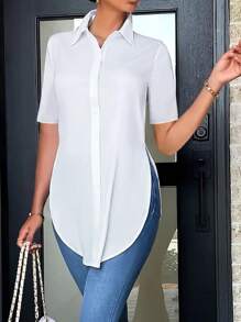 Camisa de manga corta con dobladillo curvo y dobladillo dividido de unicolor - Blanco - Ver 1