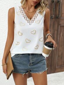 SHEIN LUNE Women's Heart Print Lace Patchwork Tank Top - Multicolor - View 2