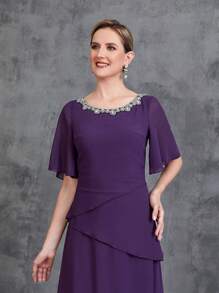 Women's Rhinestone Detail Short Flared Sleeve Sleeve Chiffon Party Dress - Purple - View 6