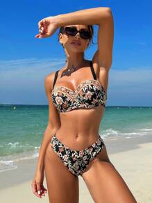 SHEIN Swim 女士花朵印花两件套比基尼套装，比基尼套装海滩泳装泳衣音乐节夏季，夏季海滩 - 彩色 - 查看 2