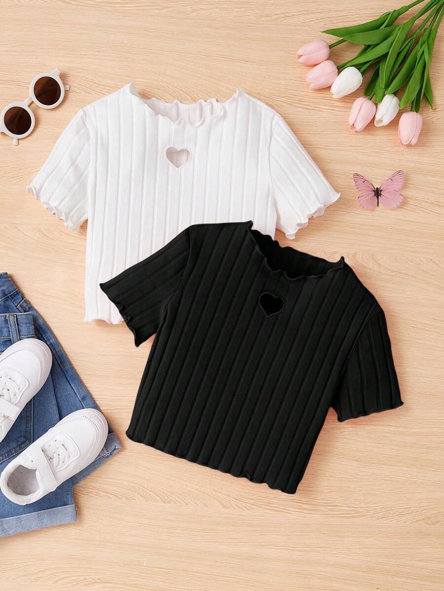 SHEIN 青少年女孩針織純色愛心空心紋t恤,2入組 - 黑色 - 查看 1