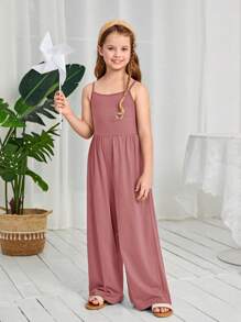 SHEIN Tween Girl Knit Solid Color Casual Jumpsuit With Spaghetti Straps - Pink - View 5